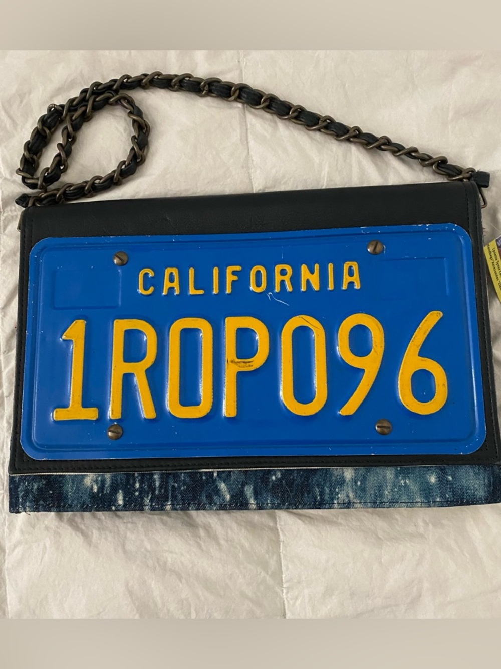 Lynette tyner vintage California license plate denim leather clutch shoulder bag